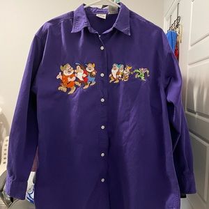 Vintage Disney Store Snow White 7 Dwarfs Embroidered Button-Up Shirt Purple Lrg